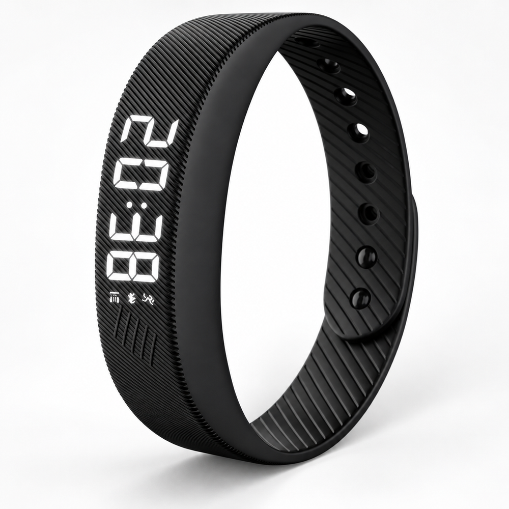 Black WAKE™ alarm bracelet with ribbed strap and illuminated digital display