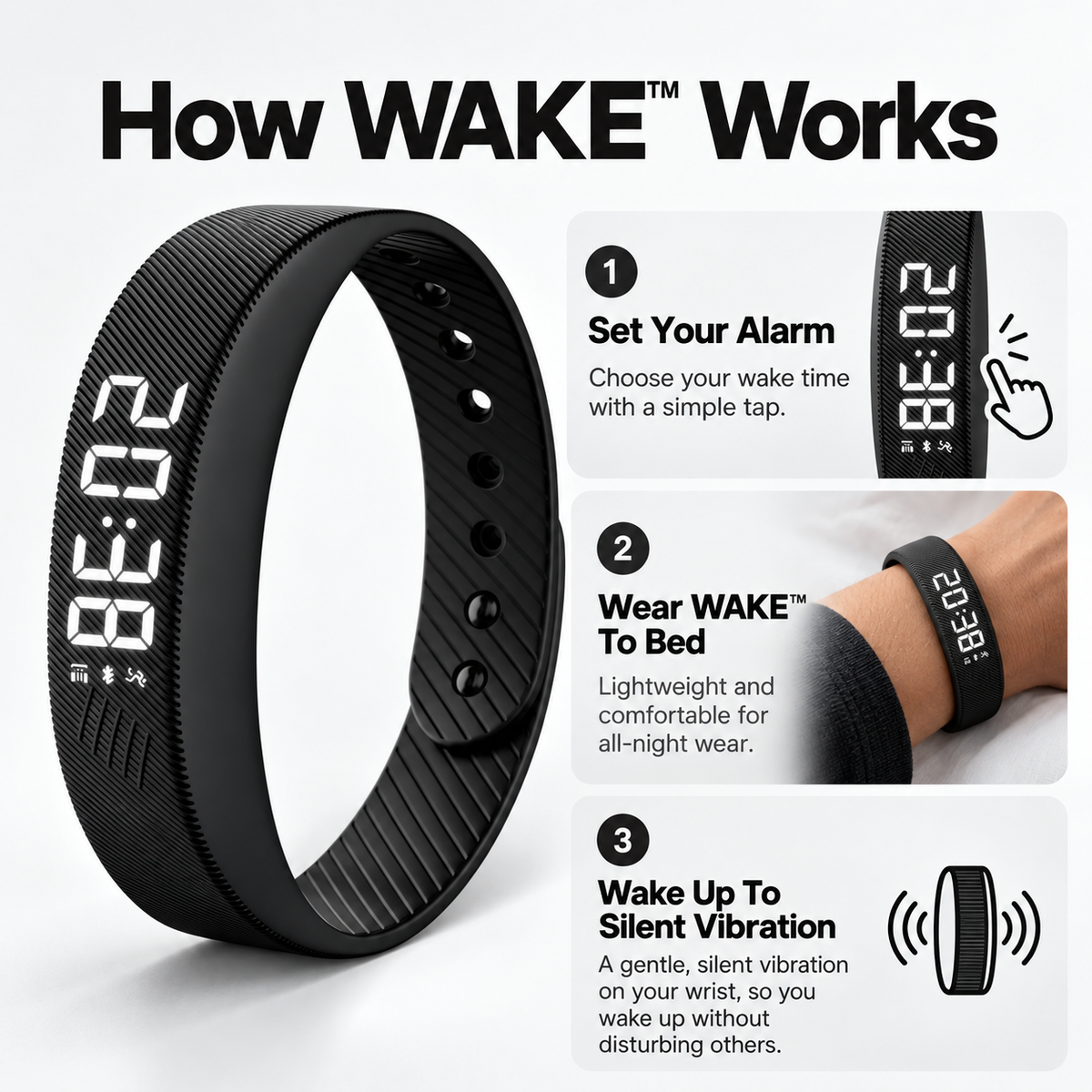 How WAKE™ works: set an alarm, wear the bracelet to bed and receive a vibration alert
