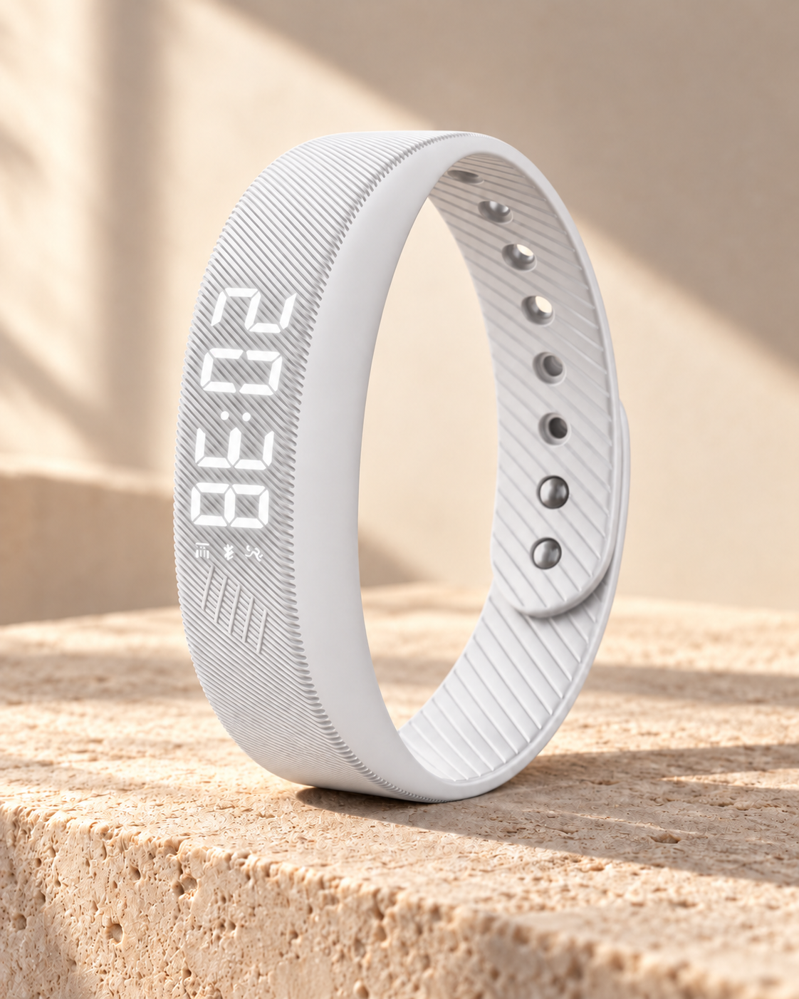 White WAKE™ bracelet with ribbed silicone strap and illuminated display on warm limestone