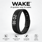 WAKE™ bracelet graphic: silent vibration alarm, partner-friendly wake-up, comfortable fit and simple daily use