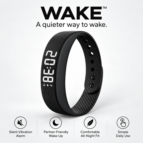 WAKE™ bracelet graphic: silent vibration alarm, partner-friendly wake-up, comfortable fit and simple daily use